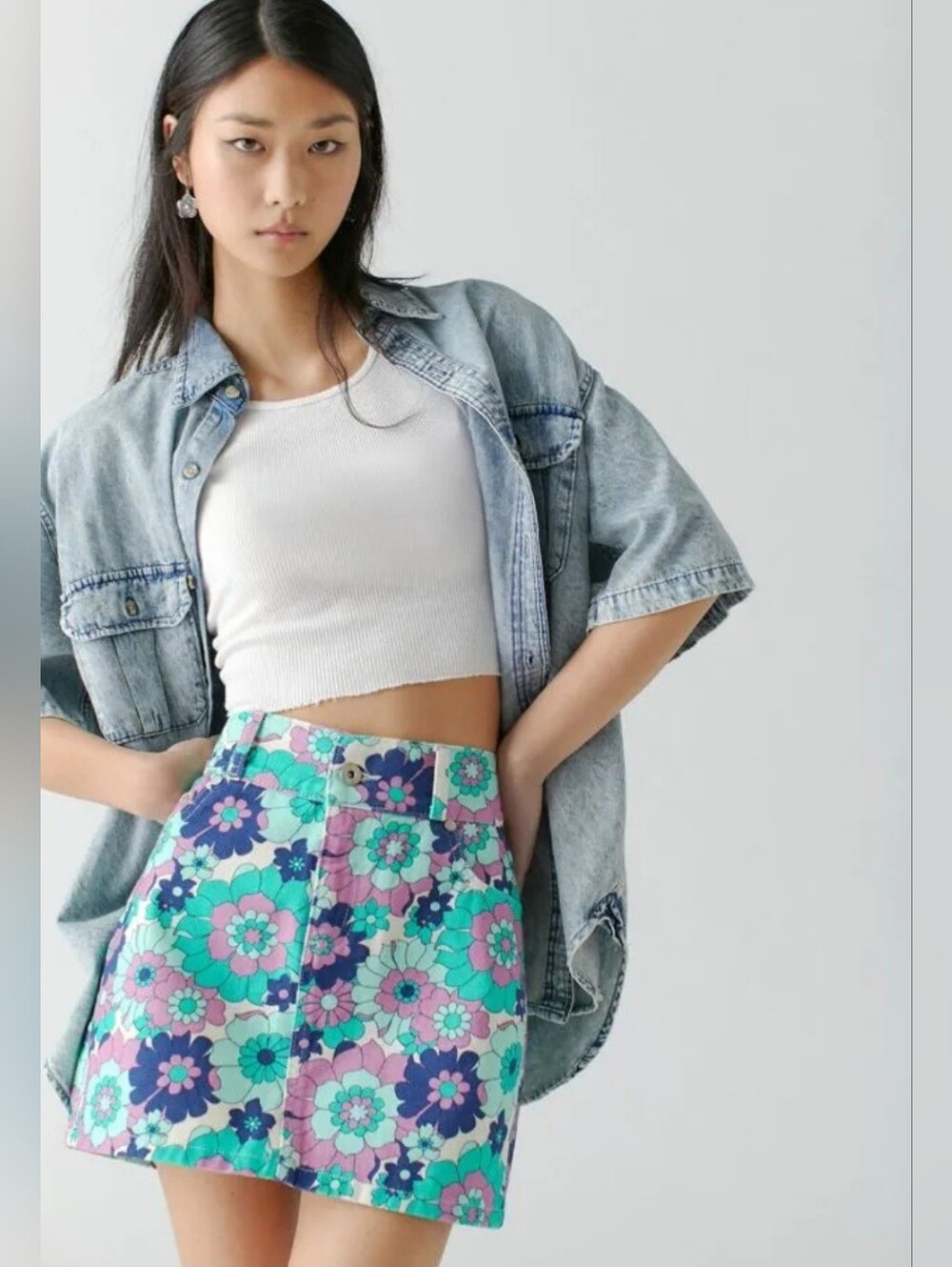 THE RAGGED PRIEST Retro Floral Denim Mini Skirt Size 28/6 Teal/blue/purple